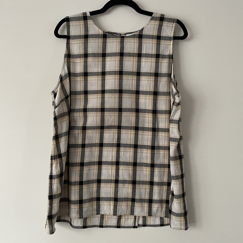 J Jill Cotton Blend Gauzy Plaid Tank Top Size XL Stretch Minimalist Contemporary